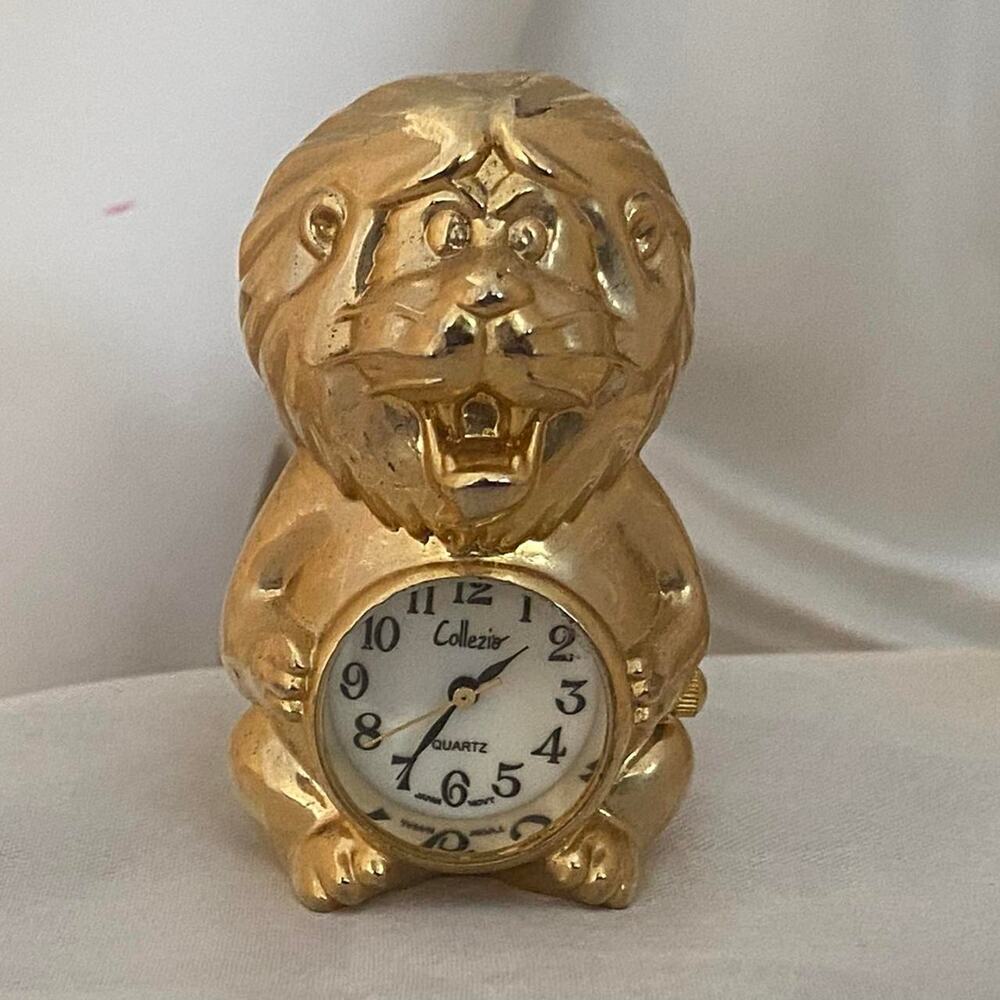Vintage "Collezio" Lion Figurine Gold Tone Mini Clock-Battery Quartz Preowned